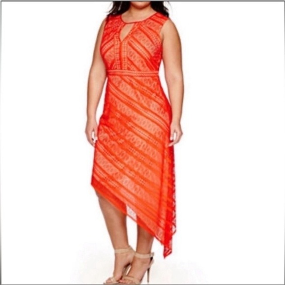 Bisou Bisou Michele Bohbot Orange Red Lace Asymmetrical Hem Dress Plus Size 20W